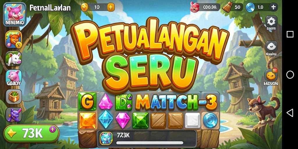 Tampilan gameplay seru dalam 73K, cocok untuk penggemar Match-3.