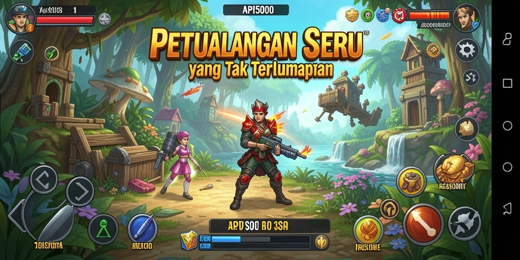 Screenshot menunjukkan gameplay seru dan pemandangan indah dalam petualangan API5000.