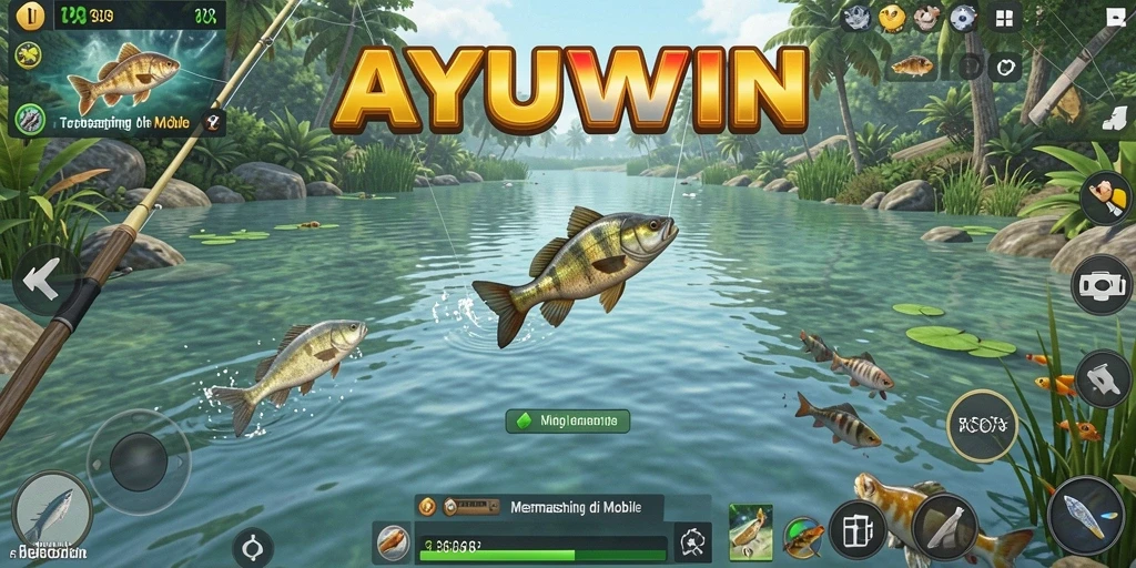 Tampilan screenshot AYUWIN menampilkan aksi memancing yang mendebarkan.