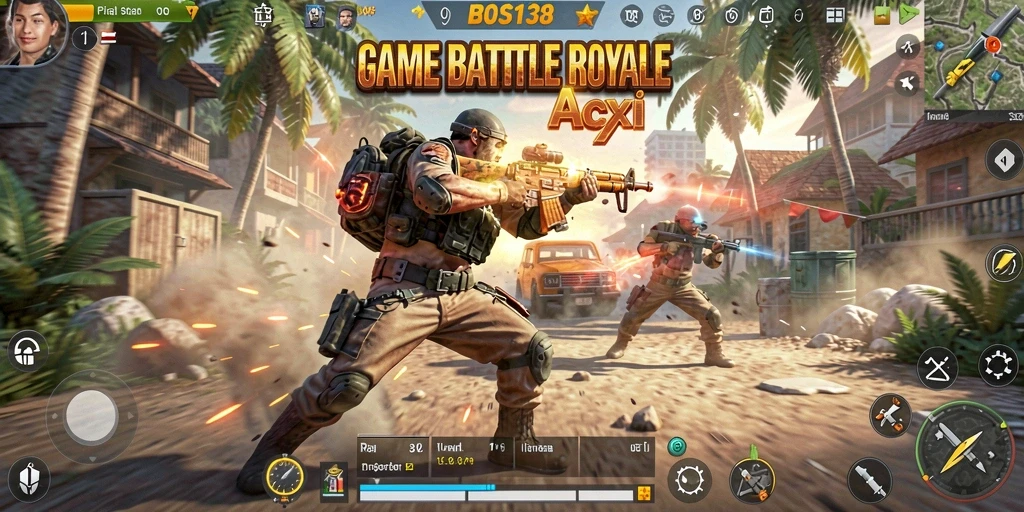 Tangkapan layar gameplay BOS138 menampilkan pertempuran Battle Royale yang intens.