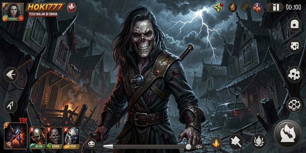 Tampilan gameplay menegangkan dengan suasana gelap yang mencekam.