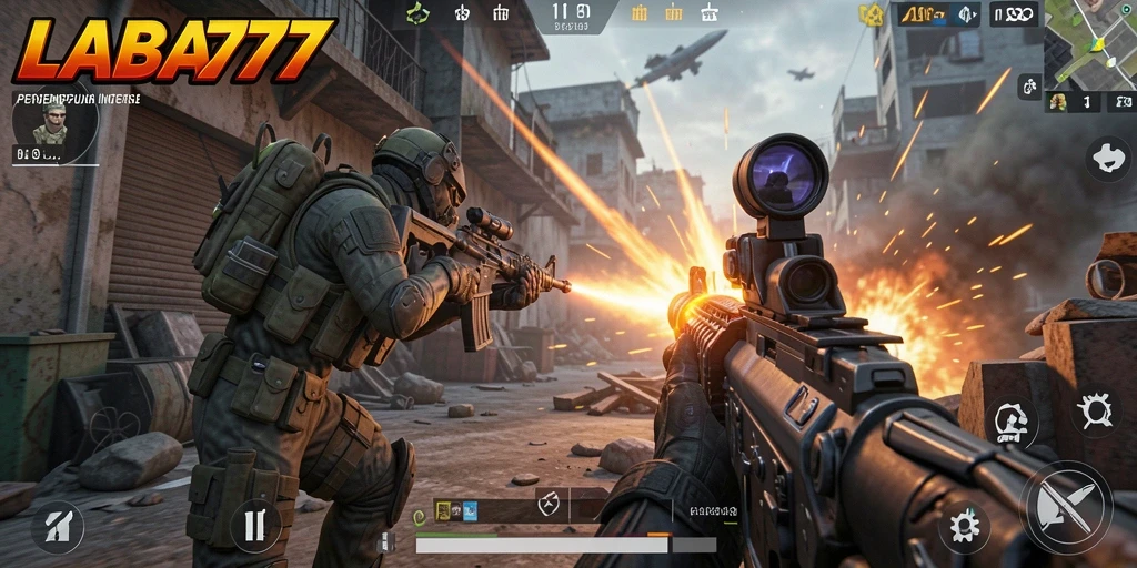 Screenshot LABA777 yang menampilkan aksi pertempuran FPS yang mendebarkan.
