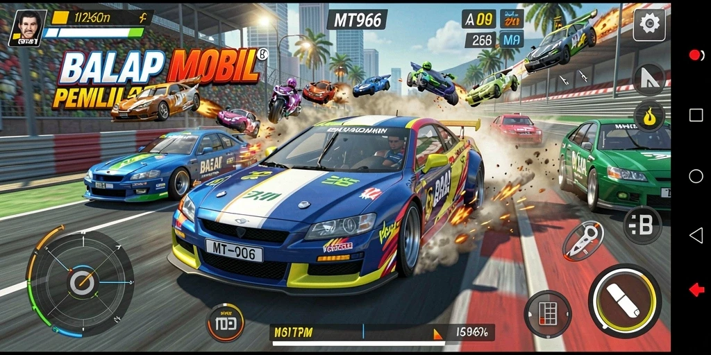 Tangkapan layar gameplay MT966 dengan aksi balapan yang mendebarkan.
