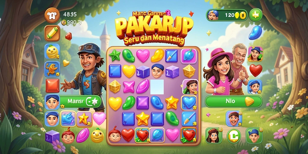 Tampilan gameplay seru PAKARJP dengan objek match-3 berwarna-warni.